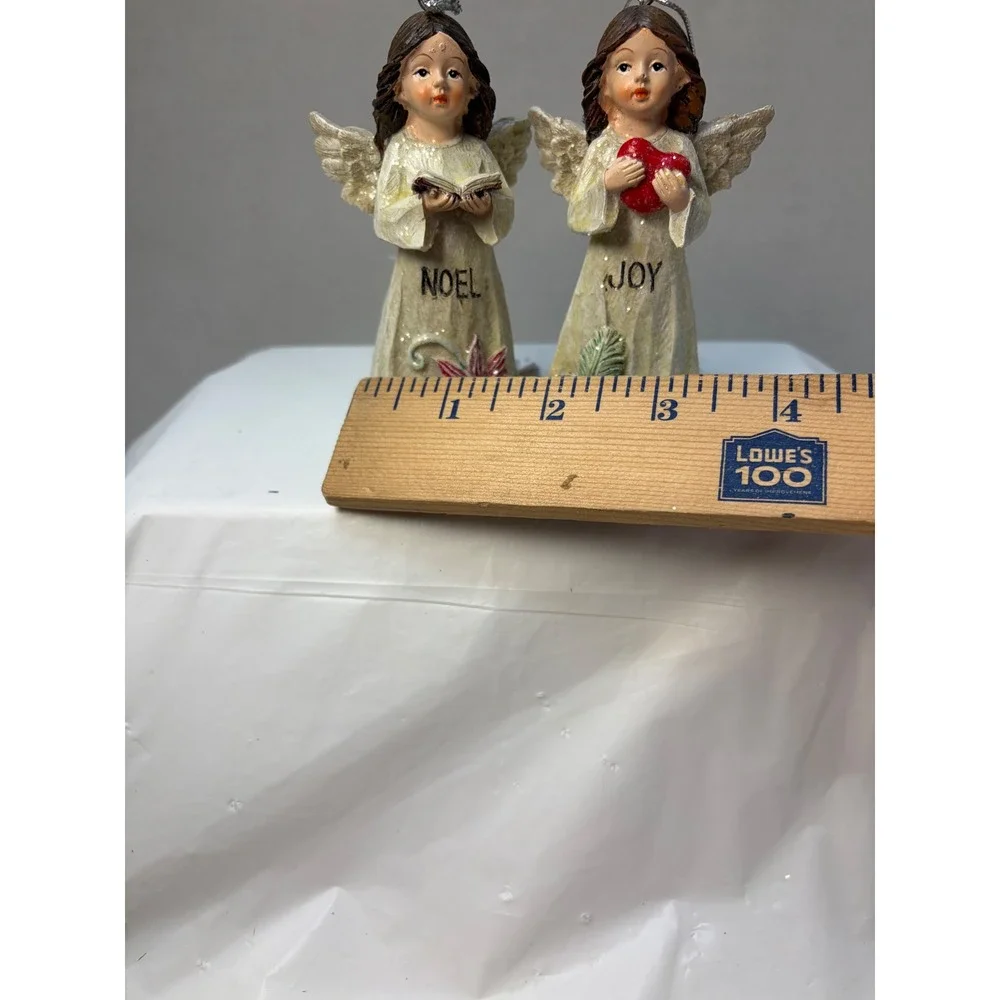 Set of 2 Christmas Angel Flower Ornaments Noel Joy Resin Figures Cream 4 Inch